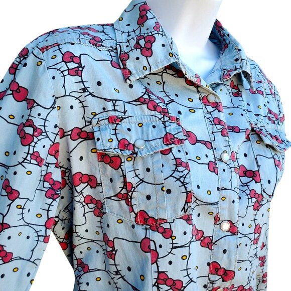Hello Kitty Pearl Snap Shirt Cotton Long Sleeve Western Womens S Blue Gray - Picture 4 of 10